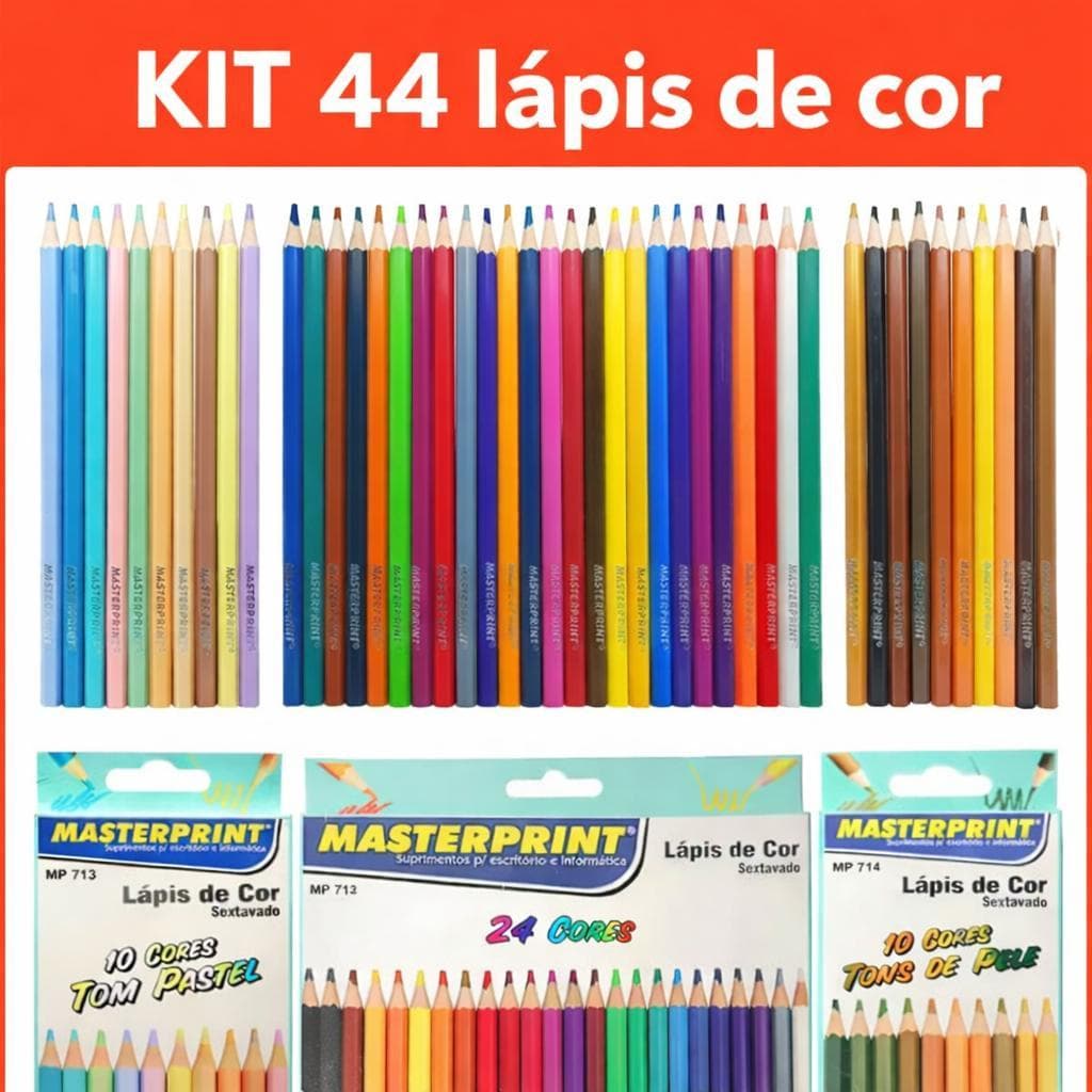 Kit Lapis de Cor Sextavado 44 CORES (10 Tons pastel + 10 Tons de pele + 24 cores) Masterprint ENVIO IMEDIATO