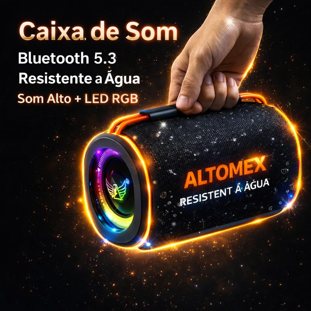 Caixa de Som Bluetooth 5.3 Resistente a Água | Som Alto + LED RGB