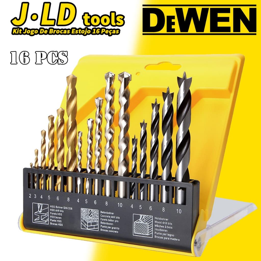 Kit Jogo De Brocas Estojo 16 Peças Estojo Madeira Ferro Concreto Metal Para Furadeira Parafusadeira