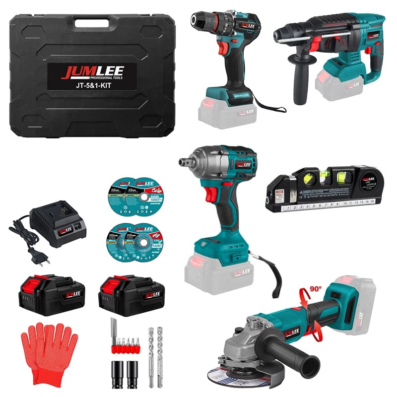 Kit Ferramentas 5 em 1 Furadeira Parafusadeira Esmerilhadeira Chave Nível a laser Impacto a Bateria 48V Com Maleta