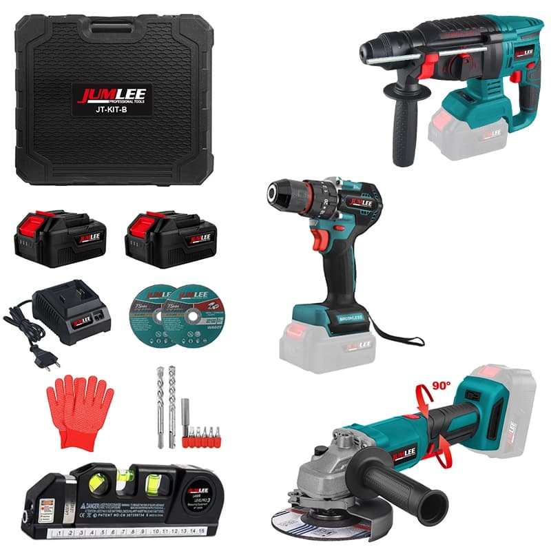 Kit Ferramentas 4 em 1 Furadeira Parafusadeira Esmerilhadeira Nível a laser a Bateria 48V Com Maleta