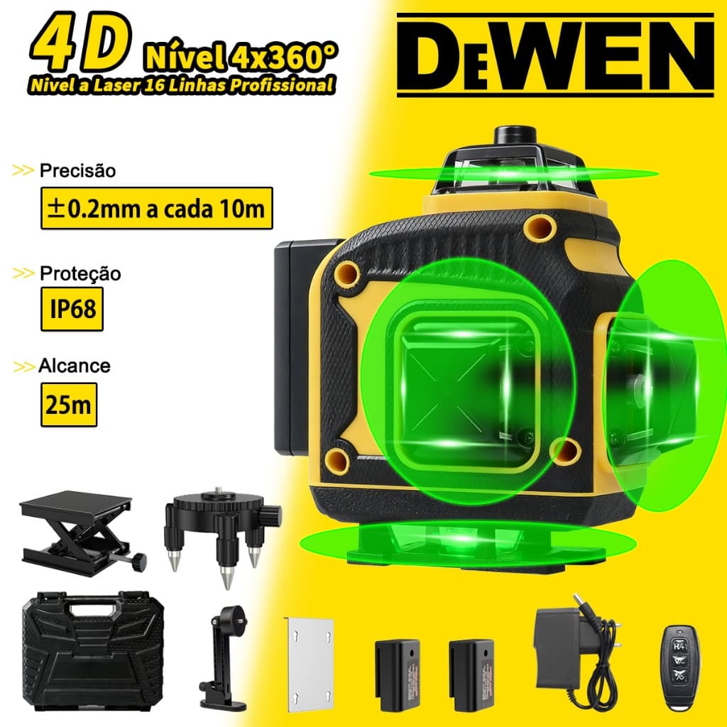 Nivel a Laser 4D 16 Linhas Profissional ,Nível 4x360° com Bateria, Controle Remoto e Tripé piso