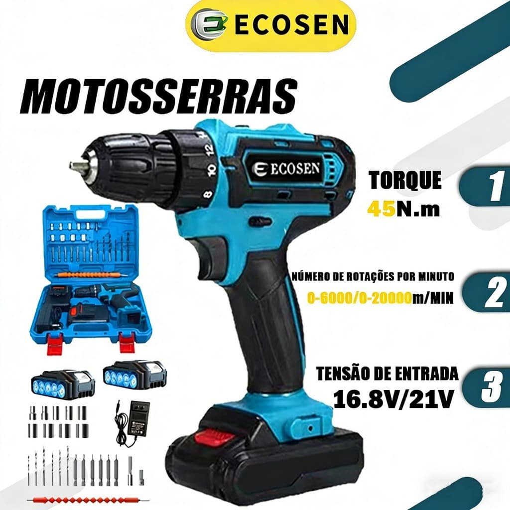 ECOSEN Furadeira Parafusadeira bateria 16.8V/21V com maleta e acessórios