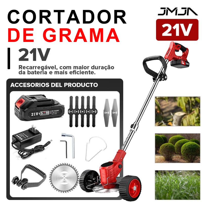 Roçadeira Elétrica Sem Fio 21V Aparador de Grama com 2 Baterias e Kit de Lâminas para Jardim