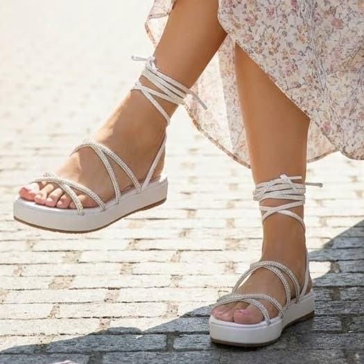 Papete Sandália Feminina Plataforma Birken de Amarração na Perna Strass Blogueira Ref. 30/19
