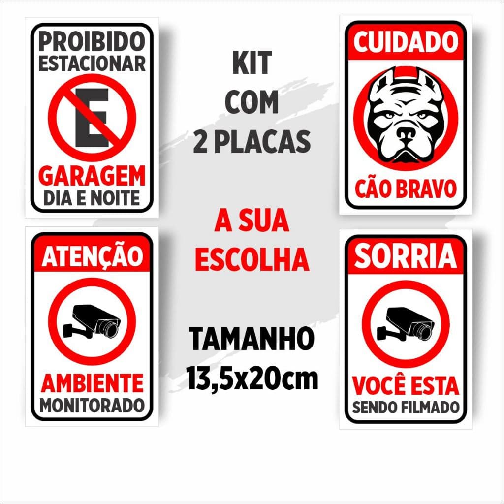 Kit 2 Placas 13,5X20 de Alerta (Proibido Estacionar, Cão Bravo, Câmeras...)