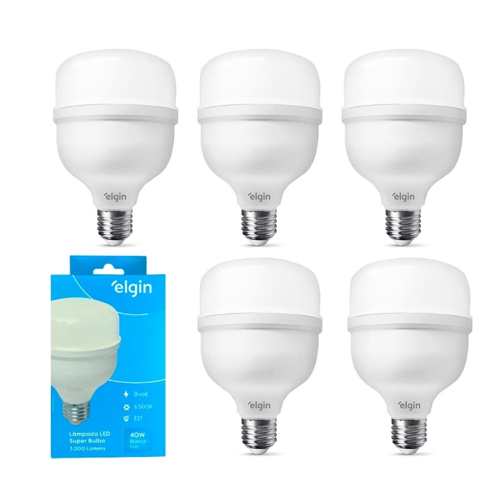 Lâmpadas Led Super Bulbo Elgin 40w Alta Potencia Bivolt Luz Branca Fria 6500k