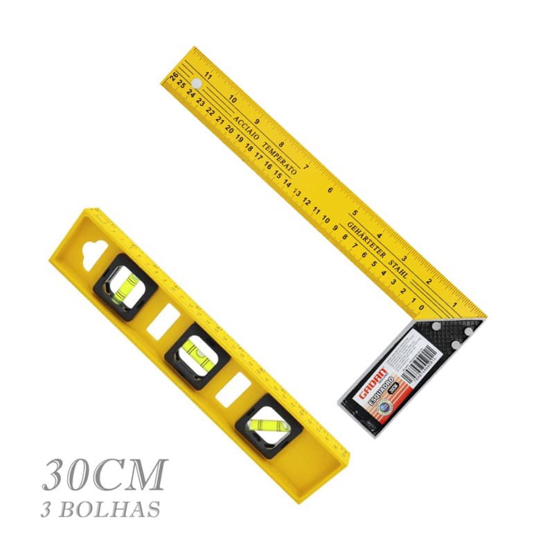 Nível com 3 Bolhas + Esquadro Profissional 30cm ou 40cm | Kit ou Unitário | Construção e Marcenaria