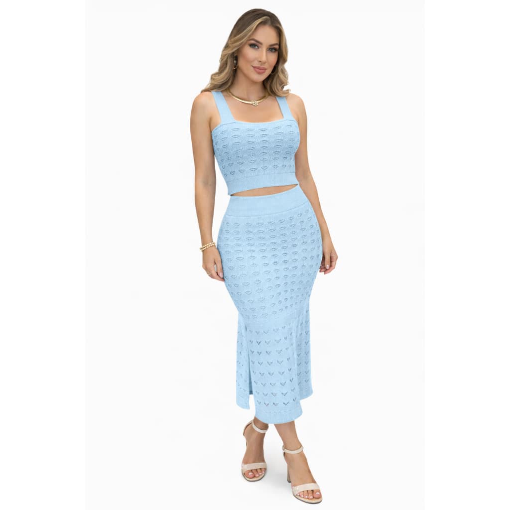 Conjunto Saia e Cropped Tricot Rendado Modal Feminino Verão