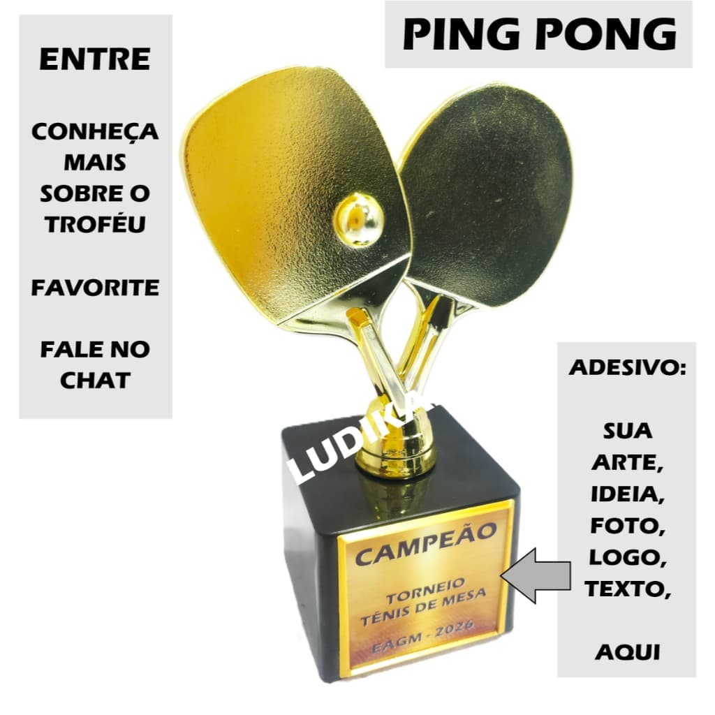 1 a 5 Troféu Ping Pong Ouro 16cm BL1 {Personalizo} Raquete Bola Butterfly BackSpin Tênis Mesa
