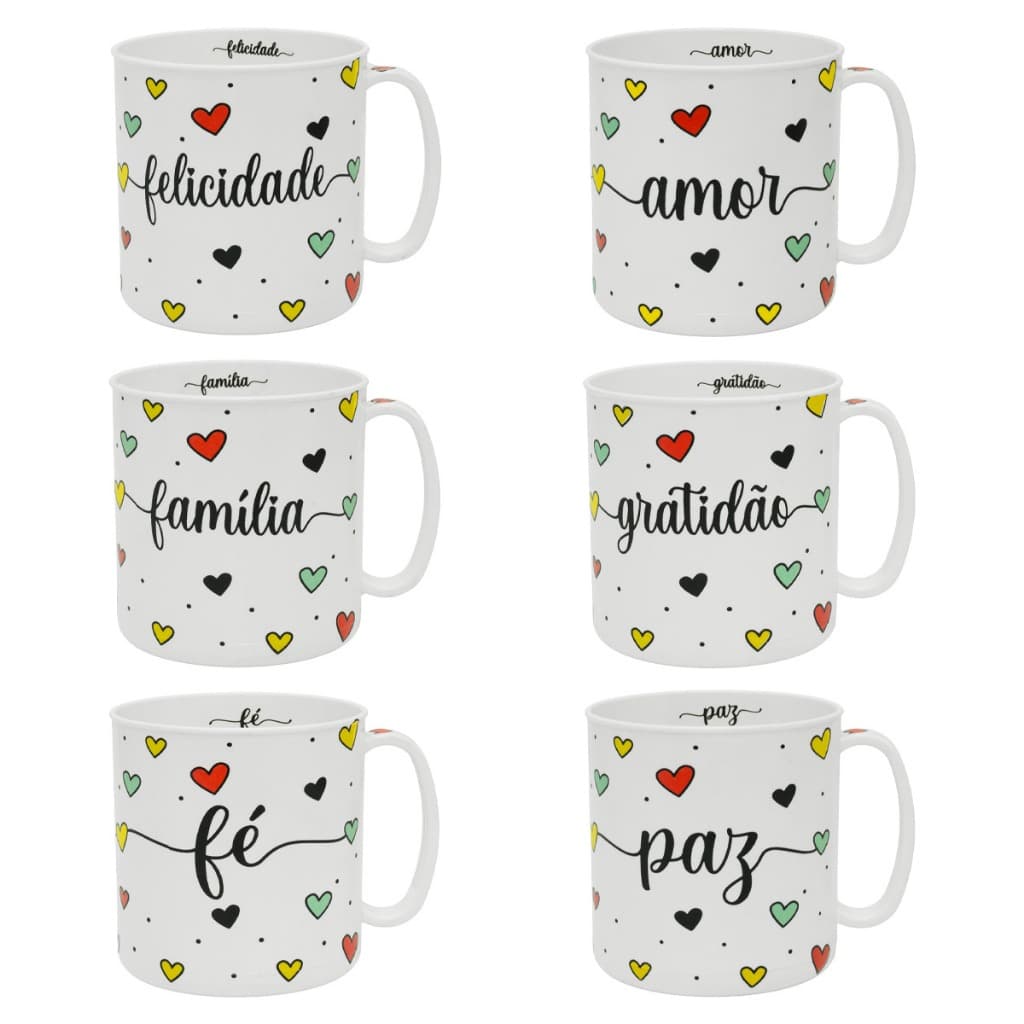 Kit 6 Canecas de Plástico 400ml branca decorada com Frases Amor Paz Gratidão Fé Família