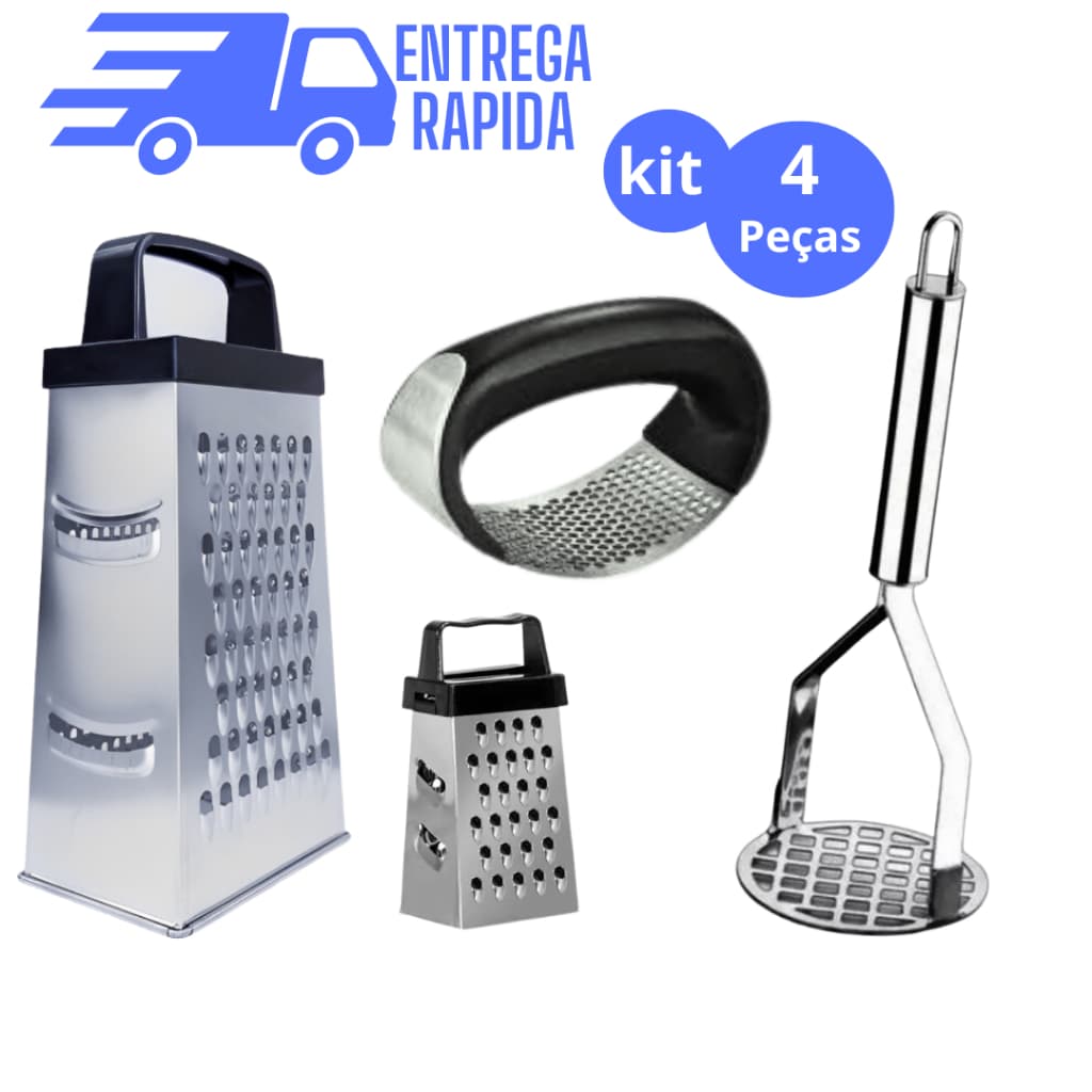 KIT RALADOR MINI RALADOR AMASSADOR DE ALHO AMASSADOR DE BATATA 4 PEÇAS UTENSÍLIO DE COZINHA