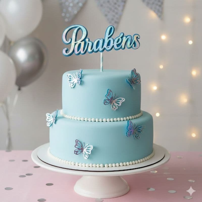 Topo de Bolo Parabéns com borboletas/Topper Parabéns /Decoração de Bolo - Topo Simples