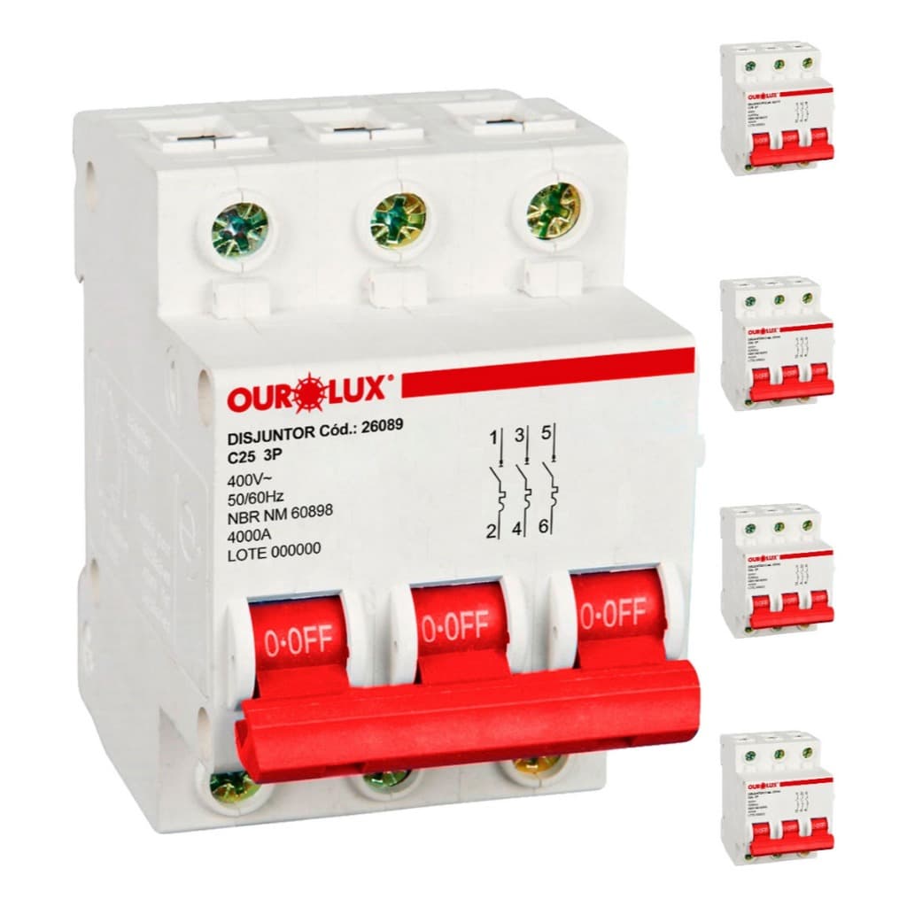 Kit 5 Disjuntores Tripolares Ourolux Termomagnético DIN | 3 Polos | Proteção Elétrica Profissional