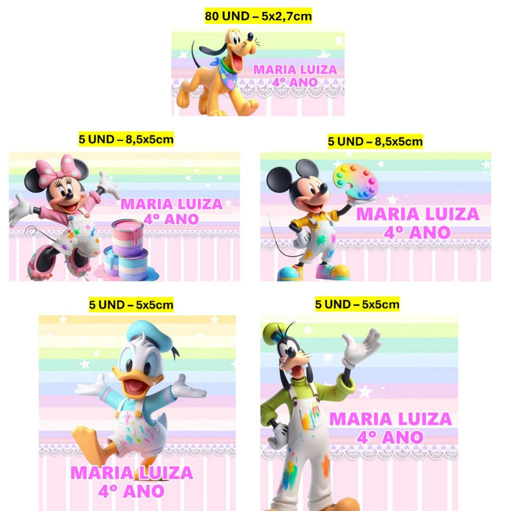 Etiqueta Escolar 100 unidades Turma do Mickey Pintando o Sete Etiqueta para material escolar Personalizada