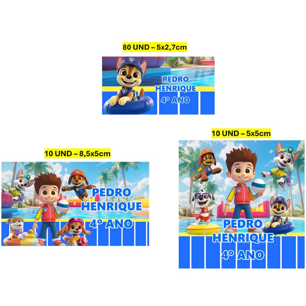 Etiqueta Escolar 100 unidades Pool Party Patrulha Canina Etiqueta para material escolar Personalizada