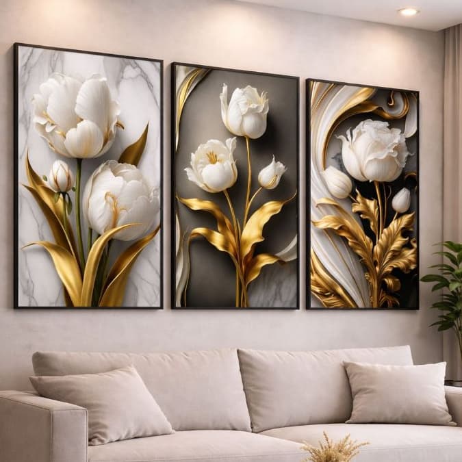 Quadros Decorativos Flor Tulipa Branca Dourada Premium 3 Peças Mosaico Sala Quarto Escritório