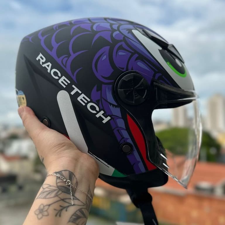 CAPACETE RACE TECH ABERTO PLAY SNAKE COBRA OLHOS PRETO/ROXO FOSCO NOVO LANÇAMENTO MOTOBOY