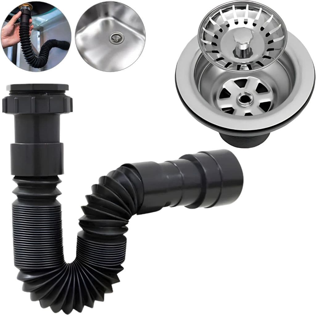 Kit Válvula Americana 3.1/2 Brilhante Cromada com Sifão Flexível Sanfonado Universal Preto 70cm