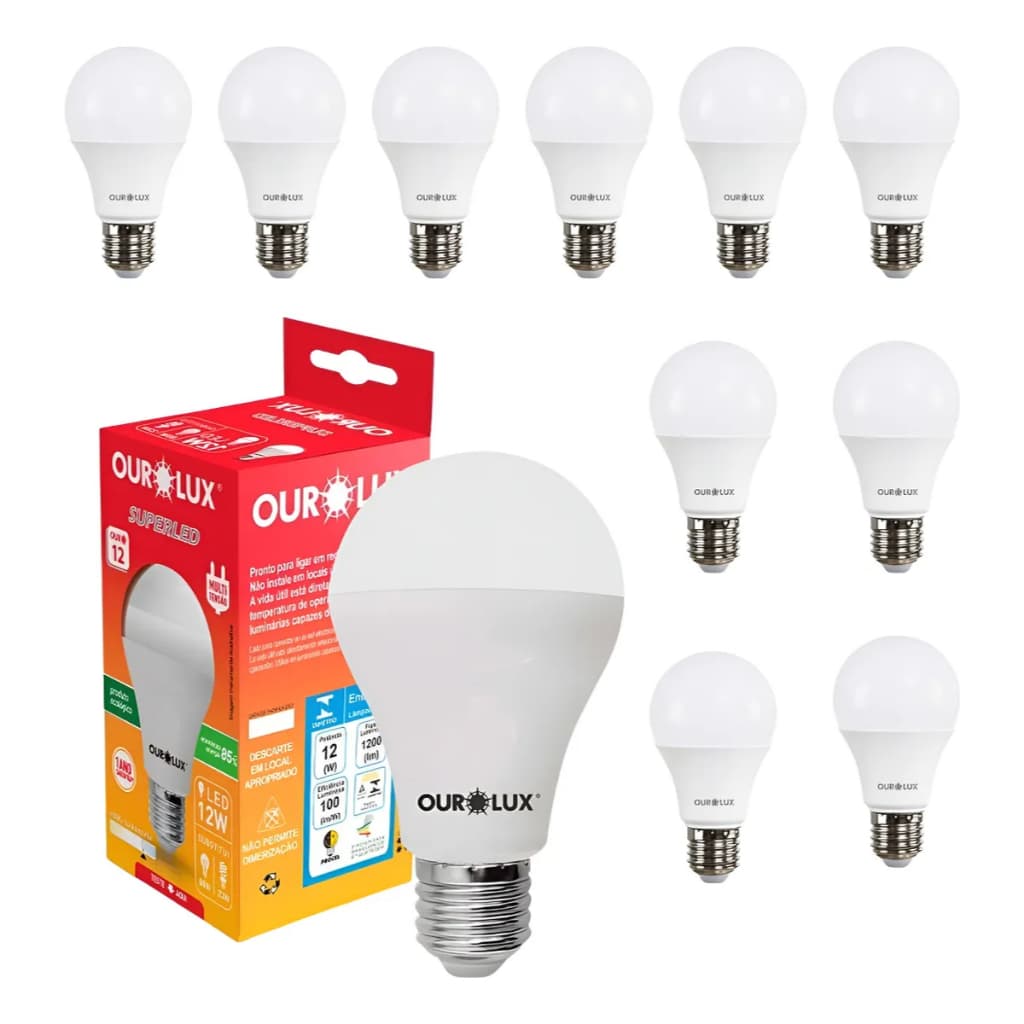 Kit 50 Lâmpada LED Ourolux 9W Bulbo E27 | Econômica Bivolt | Alta Iluminação e Durabilidade