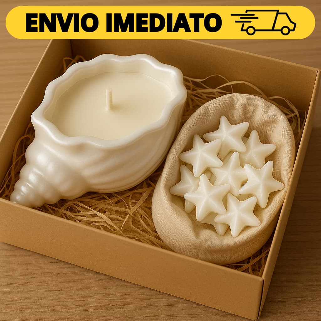 Kit Vela Aromática Concha com Wax Melts Marinhos | Presente Lembrancinha | Mini Estrela-do-Mar, Golfinho, Sereia