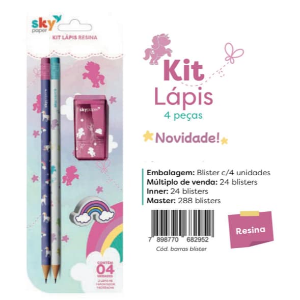 Kit Lapis Arco Íris com 2 Lapis, Apontador e Borracha Skypaper