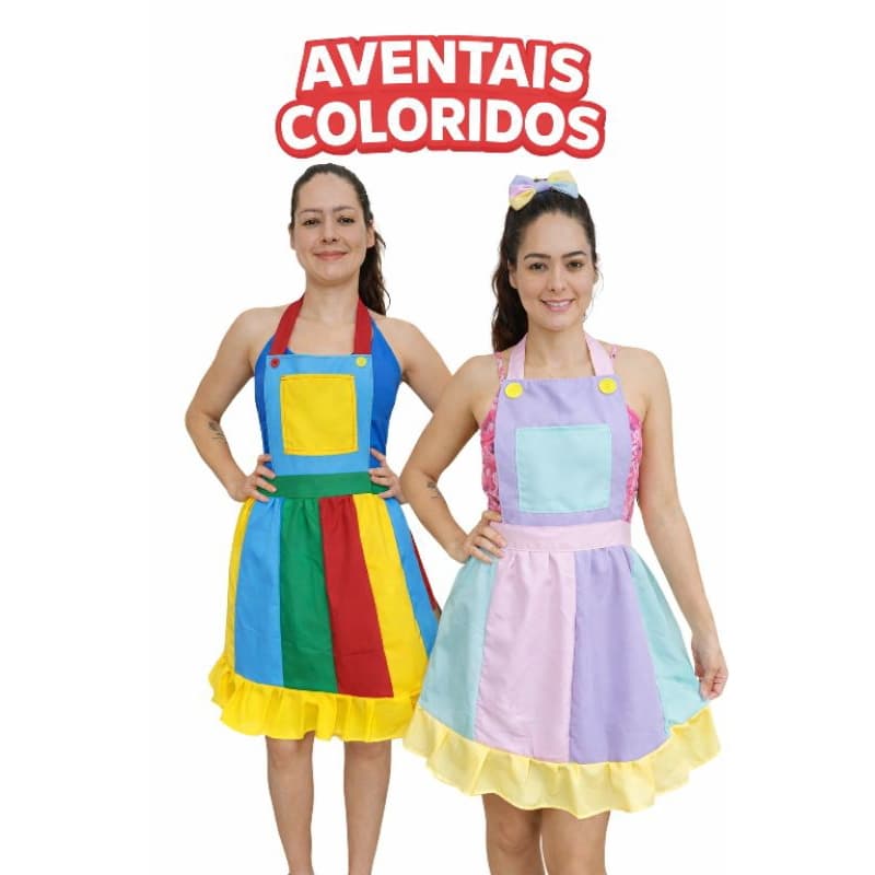 Avental Cores incluso 1 laço, para Professor, Monitor, Apresentações, Palhaço, Avental Colorido, Jardineira Cores