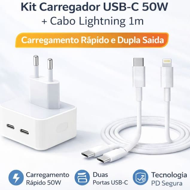 Kit Carregador USB-C 50W Carregamento Rápido Dupla saída