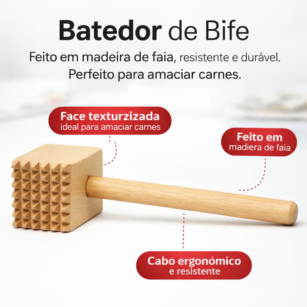 Batedor de Bife em Madeira Amaciador de Carne Resistente Cozinha Carne