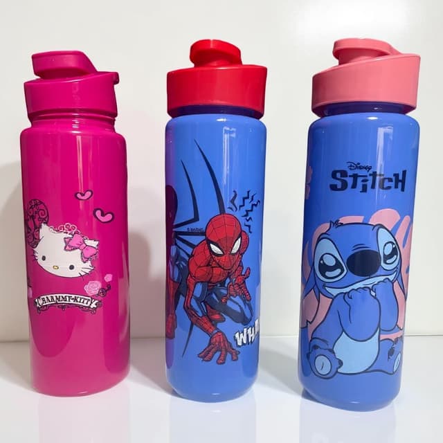 Garrafa de Agua Hello Kitty Stitch ou Homem Aranha  700 ml Livre BPA Infantil Escola e Passeio