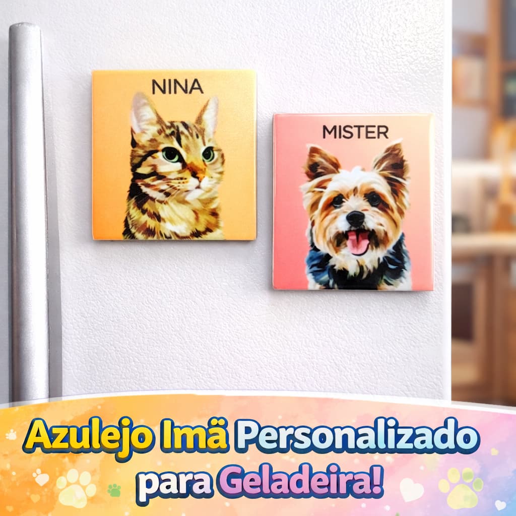 Azulejo com Foto e Nome do Pet Personalizado – Ímã para Geladeira – Cachorro ou Gato – Presente Pet, Decoração Criativa