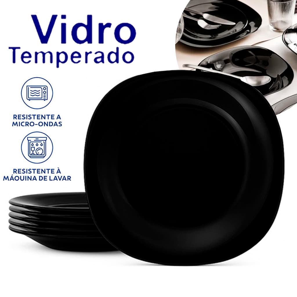Jogo Kit de 06 Pratos de Sobremesa Quadrado Preto Opaline 20cm Vidro Temperado Resistente a risco