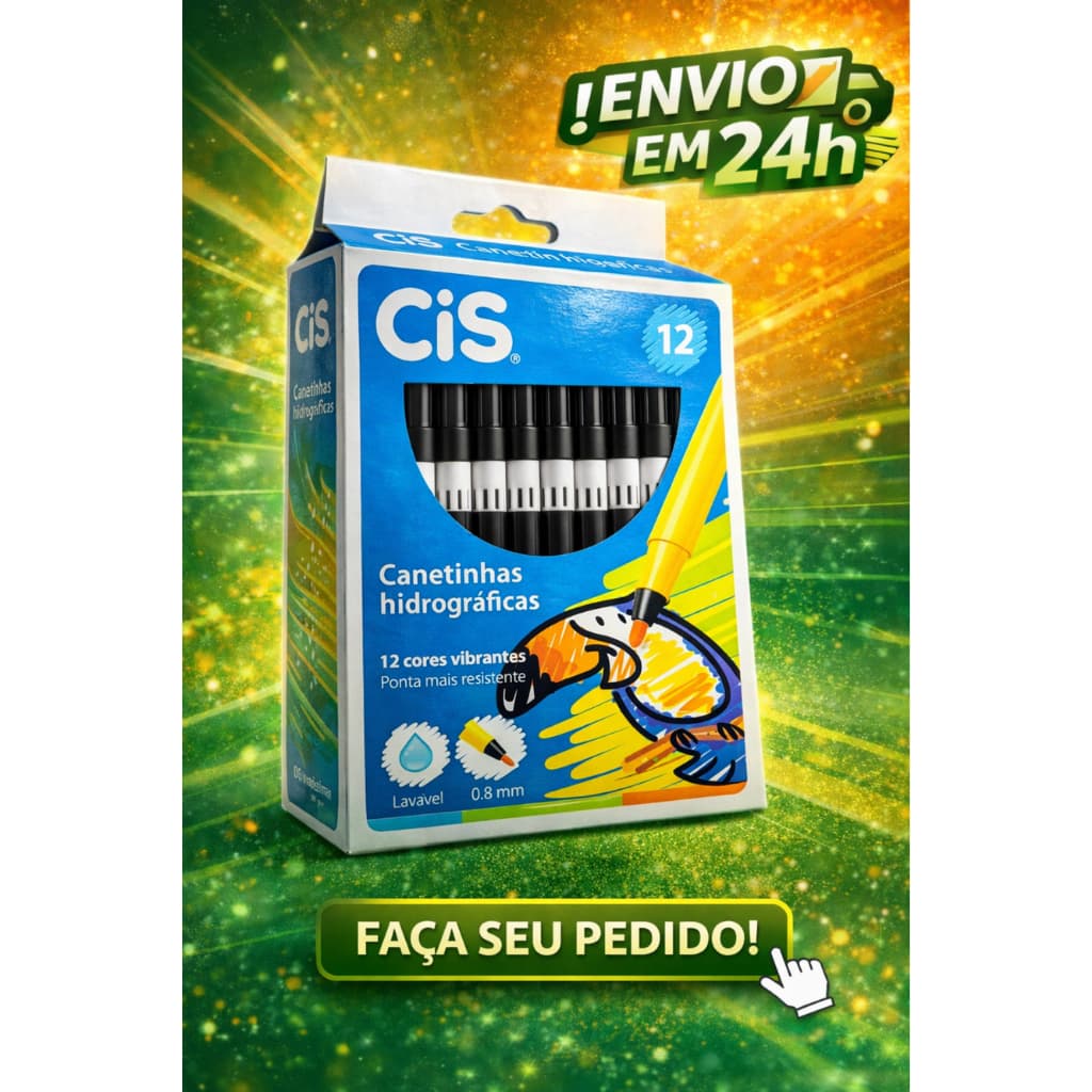 Canetinha Hidrográfica CIS Vermelha/Preta/Azul 12 Cores Lavável 0.8mm