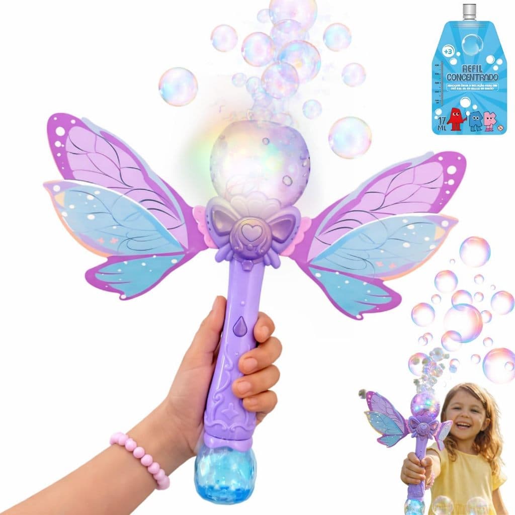 Lança Bolhas 35 cm Pilha com Luz Borboleta Brinquedo Infantil Festa Crianças