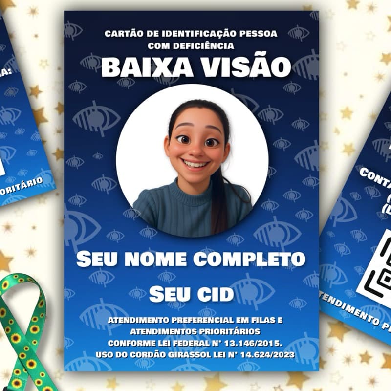kit Cordão Girassol + Cracha + Qr Code Com Seu Laudo Médico BAIXA VISÃO, VISÃO MONOCULAR PLASTIFICADO
