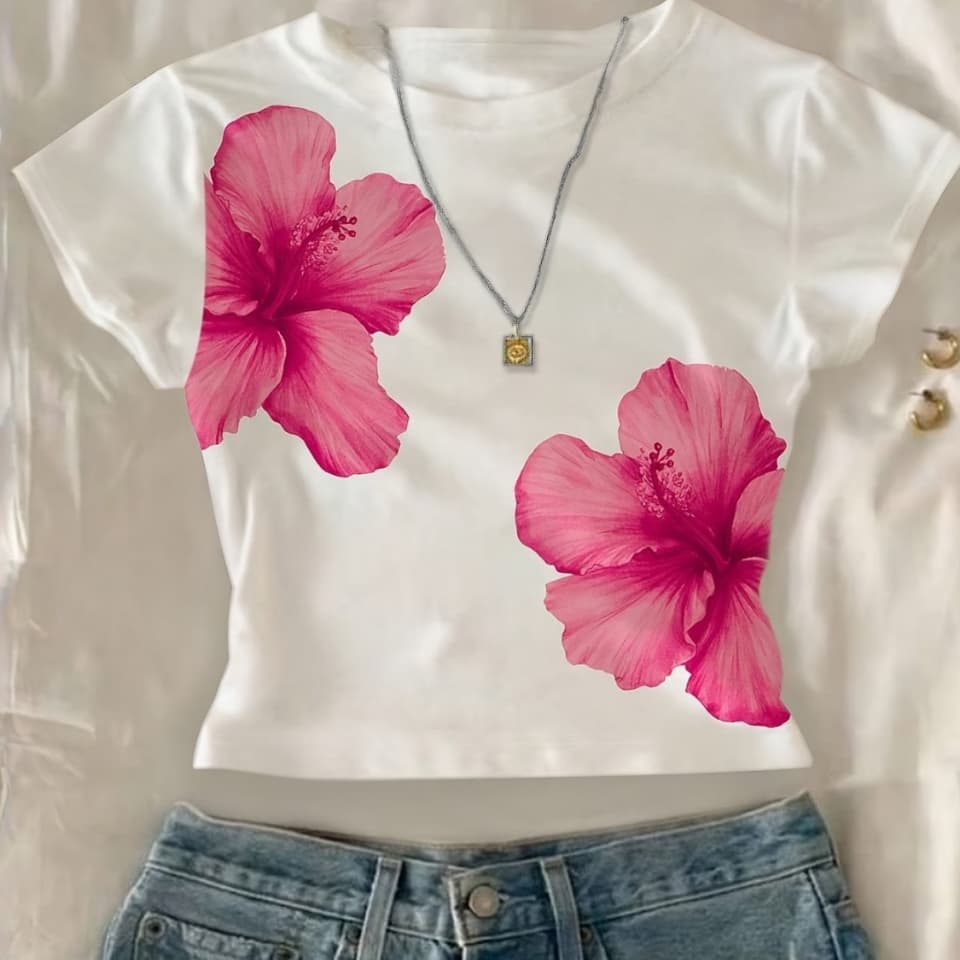 Cropped Baby Tee Hibisco Aesthetic Gringa Floral Praia Verão Lançamento
