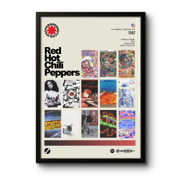 Quadro: Red Hot Chili Peppers / Discografia (1982) arte visual com cores vividas, decoração moderna.