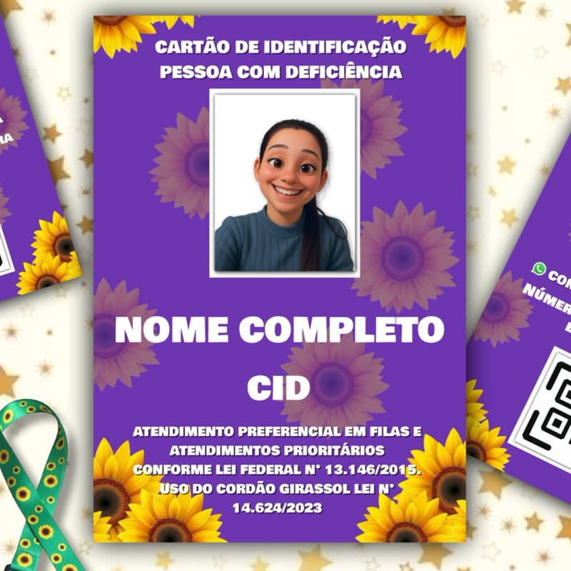 kit Cordão Girassol ROXO + Crachá + Carteirinha com LAUDO MÉDICO e outros documentos dentro doQR CODE FIBROMIALGIA