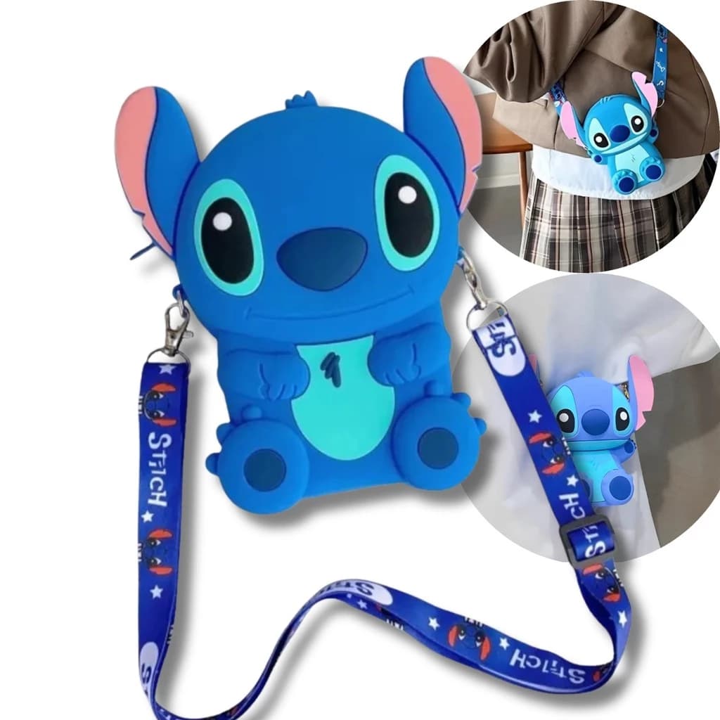 Bolsa Stitch em Silicone Azul, Porta Celular Tiracolo. Compacta, resistente e sucesso absoluto entre os fãs.