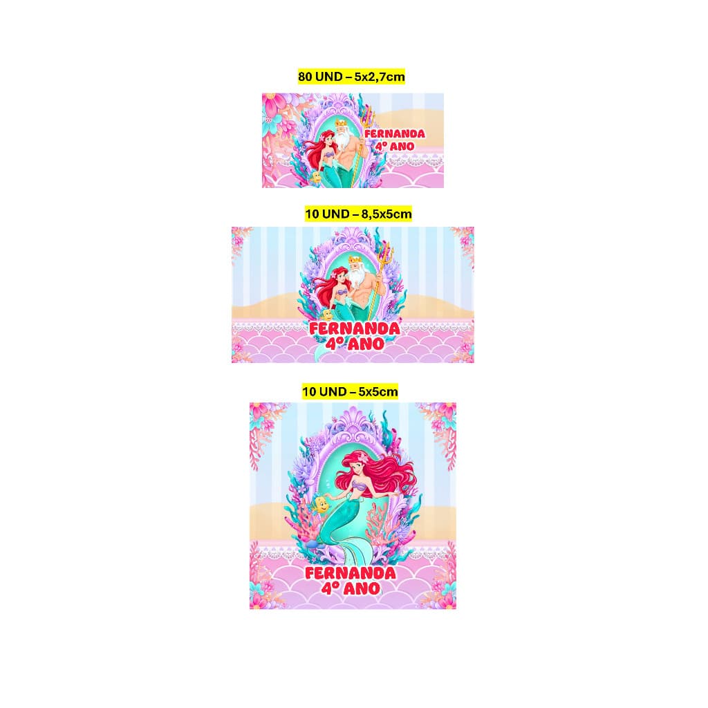 Etiqueta Escolar 100 unidades Ariel A Pequena Sereia Etiqueta para material escolar Personalizada