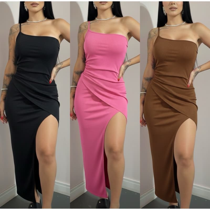 Vestido Midi Fenda Lateral Tecido Canelado Ribana Alça Única Nula Manca Moda Gringa Elegante