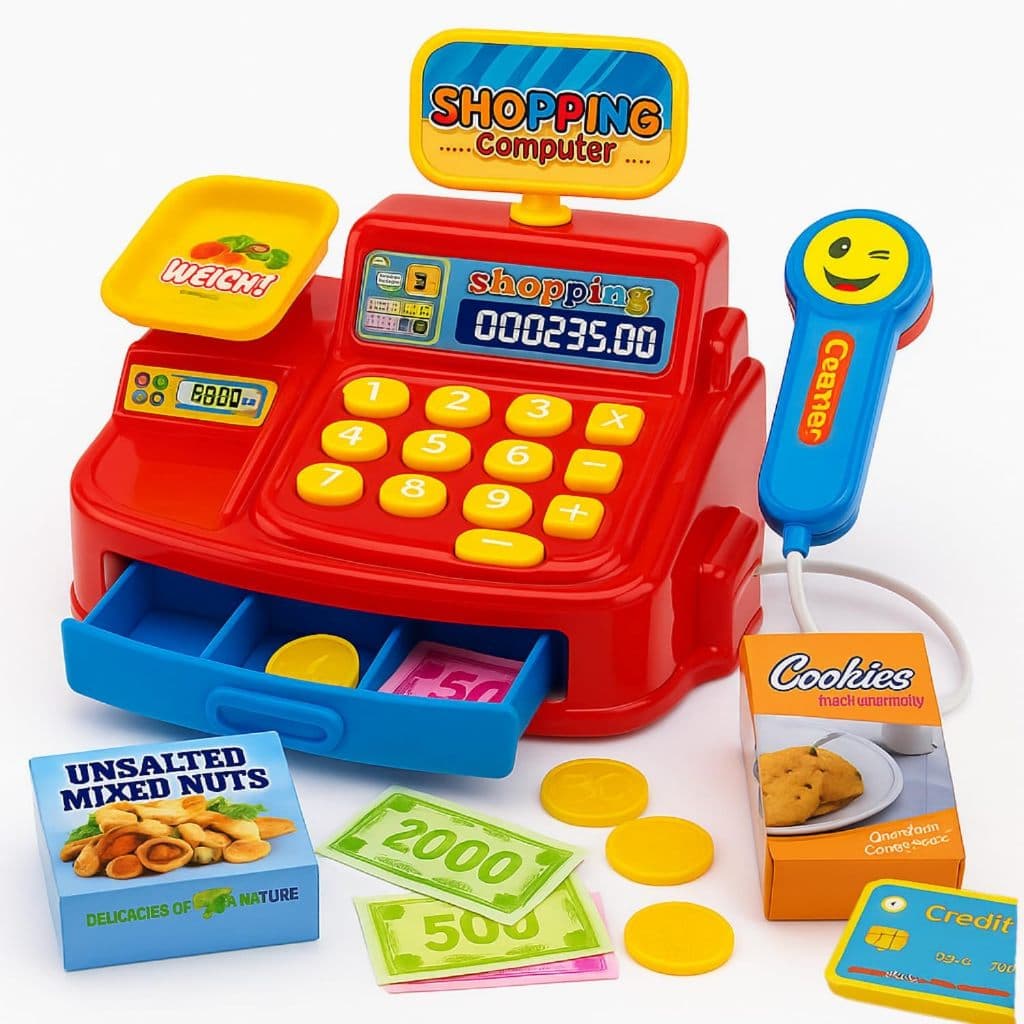 Caixa Registradora Infantil Mercadinho Luz e Som + Dinheiro e Cartão Kit Faz de Conta 3+