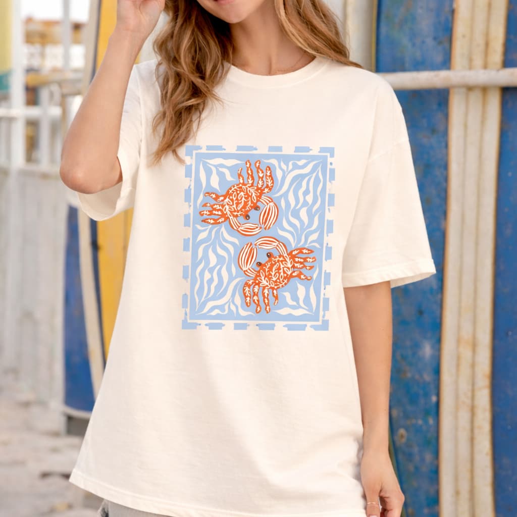 Camiseta Feminina Oversized Verão Mar Carangueijo Brasilidades 100% Algodão Praia Brasil