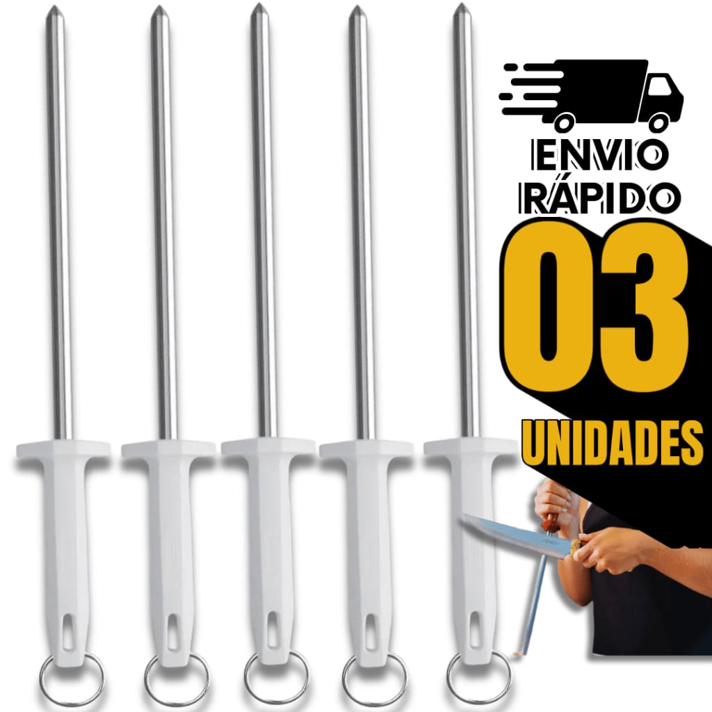 Combo 3 Peças Amolador Chaira 10'' 38cm Estriada Afiar Facas Profissional Linha Premium Churrasco Praticidade Agilidade