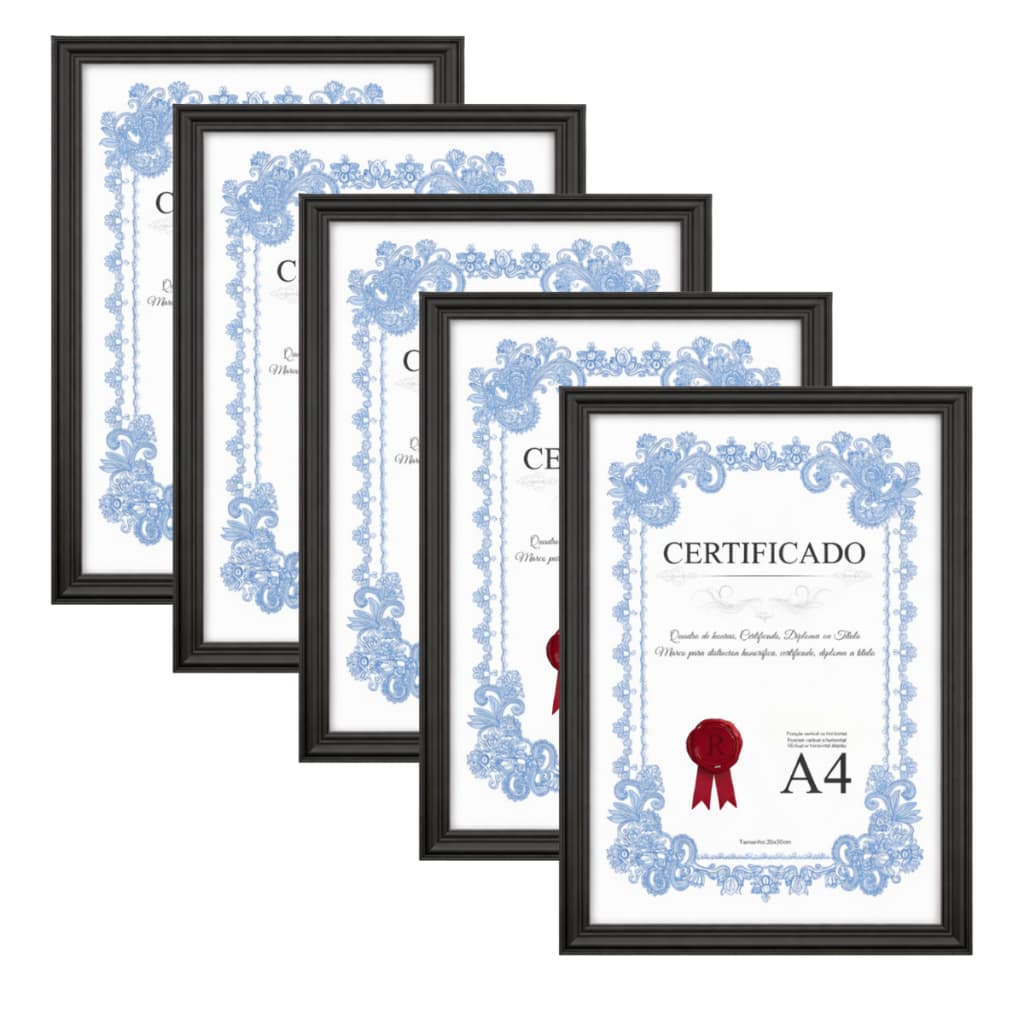 Kit Quadro Moldura 5 unidades A4 Preto Diploma Certificado Acetato Plástico Foto 20x30 cm