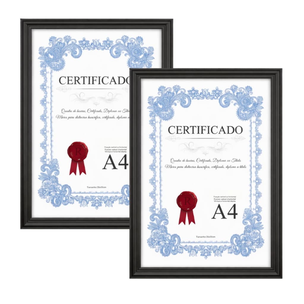 Kit Quadro Moldura 2 unidades A4 Preto Diploma Certificado Acetato Plástico Foto 20x30 cm