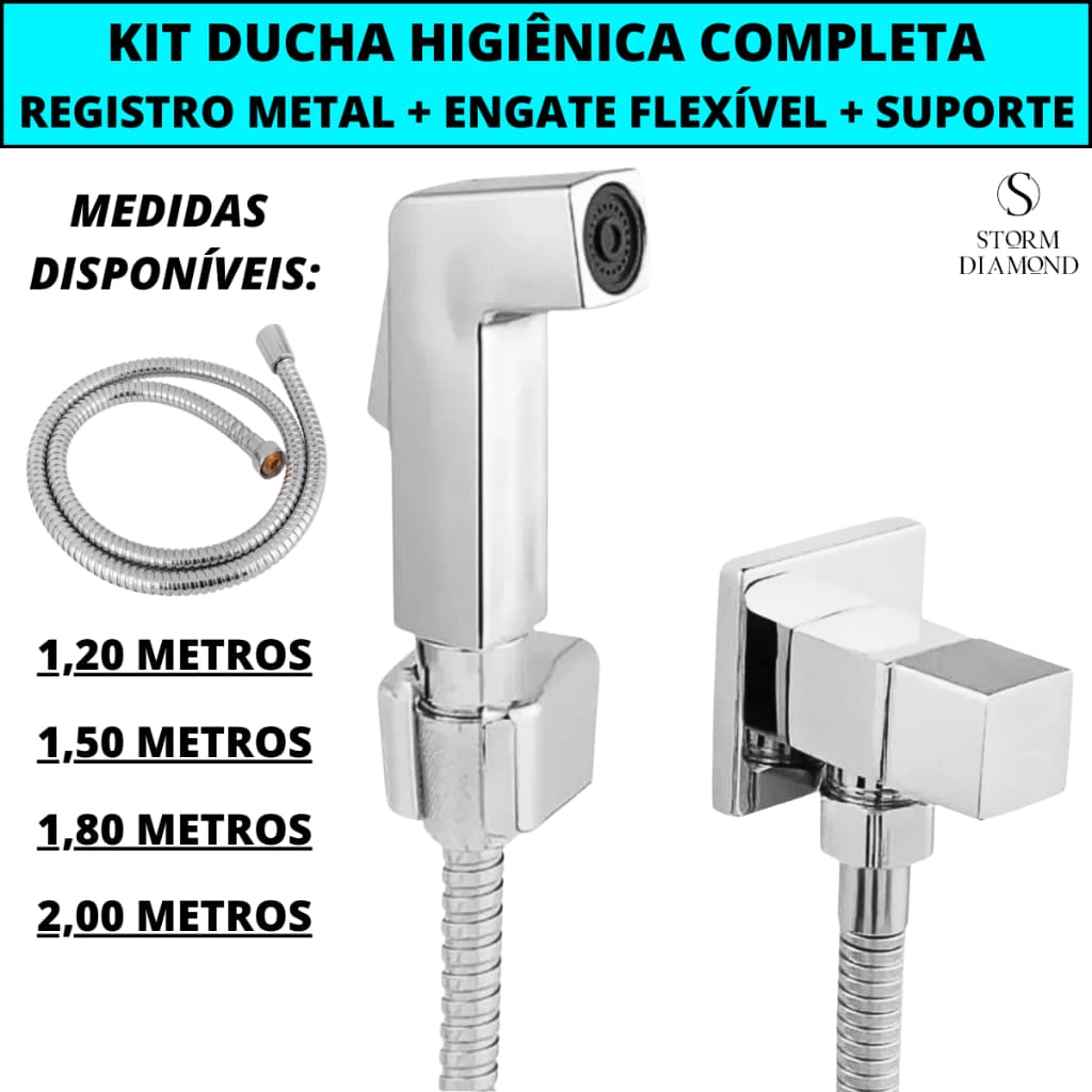 Ducha Higiênica Completa Com Registro Metal Quadrado + Gatilho Quadrado + Engate Flexível Aço Inox
