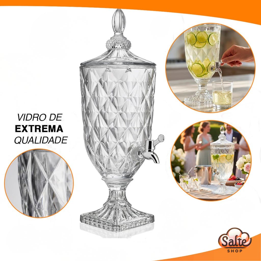 Suqueira De Vidro Diamond Torneira Luxo 5/3/2 Litros Mesa Posta Decorativa Sucos Chás