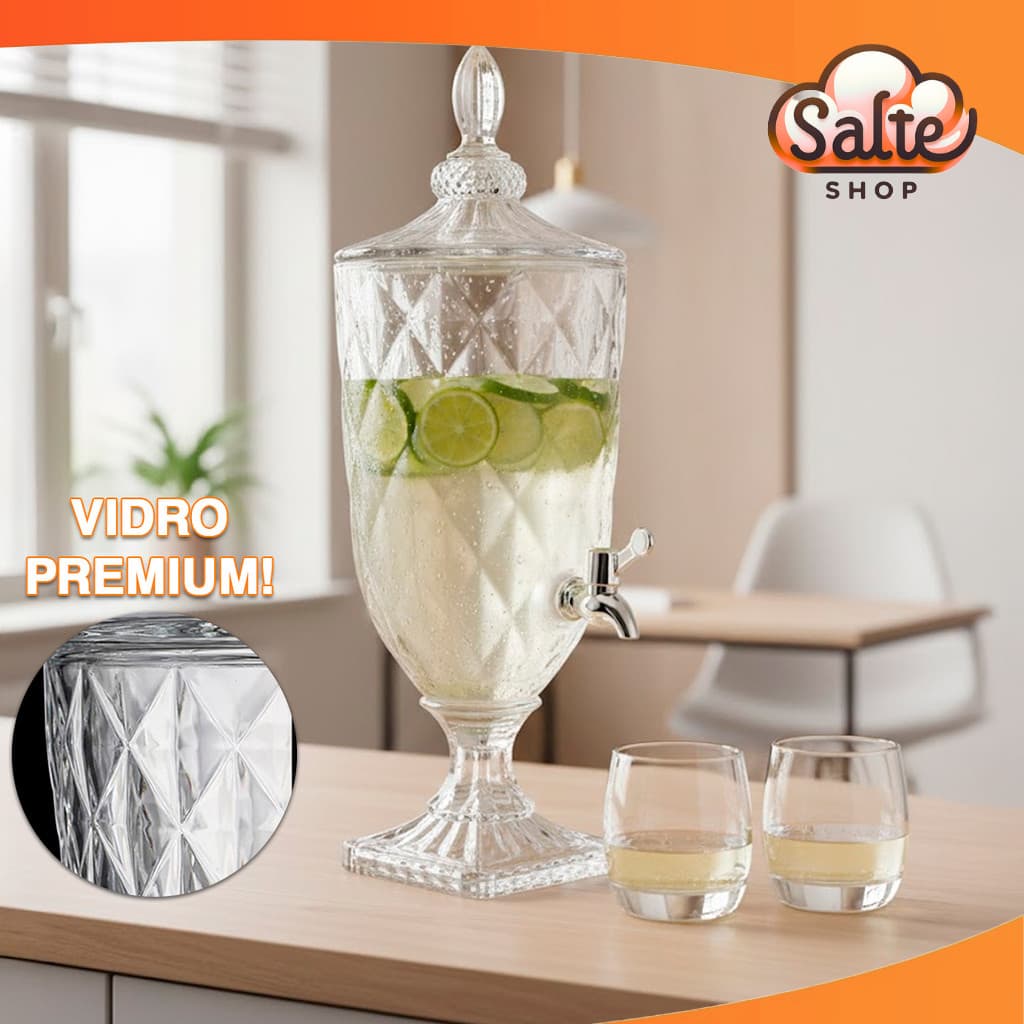 Suqueira De Vidro Premium Diamond Torneira Luxo 2/3/5 Litros Mesa Posta Decorativa Sucos Chás
