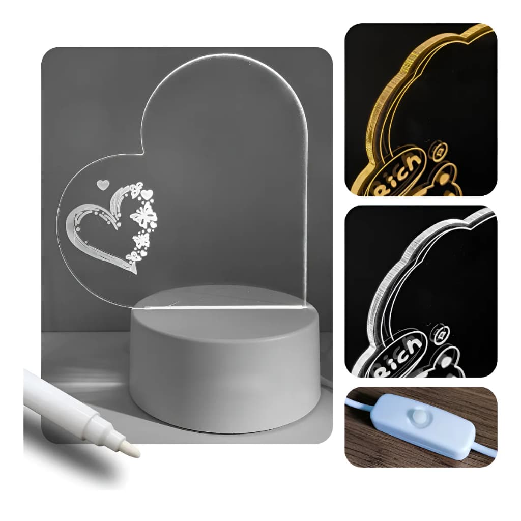 Luminária Led 3d Abajur De Mesa Modelo Coração Decorativo Lousa Luminária Escrever